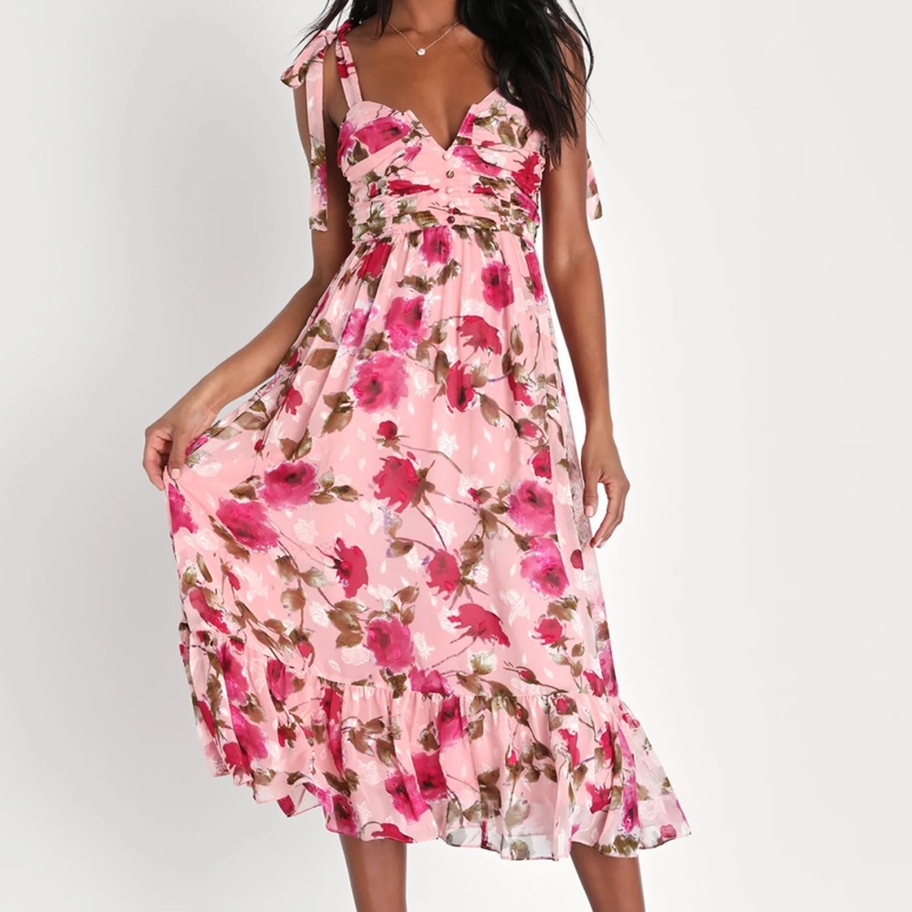 Lulus Lush Pink Floral Jacquard Tie-Strap Midi Dress | Small | NWT